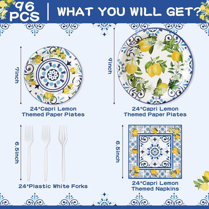 96Pcs Capri Lemon Blue Tiles Yellow Lemon Summer Citrus Fruit Party Plates Supplies Tableware Decorations Disposable Paper Plates Napkins Forks for Kids Birthday Baby Shower, Serves 24