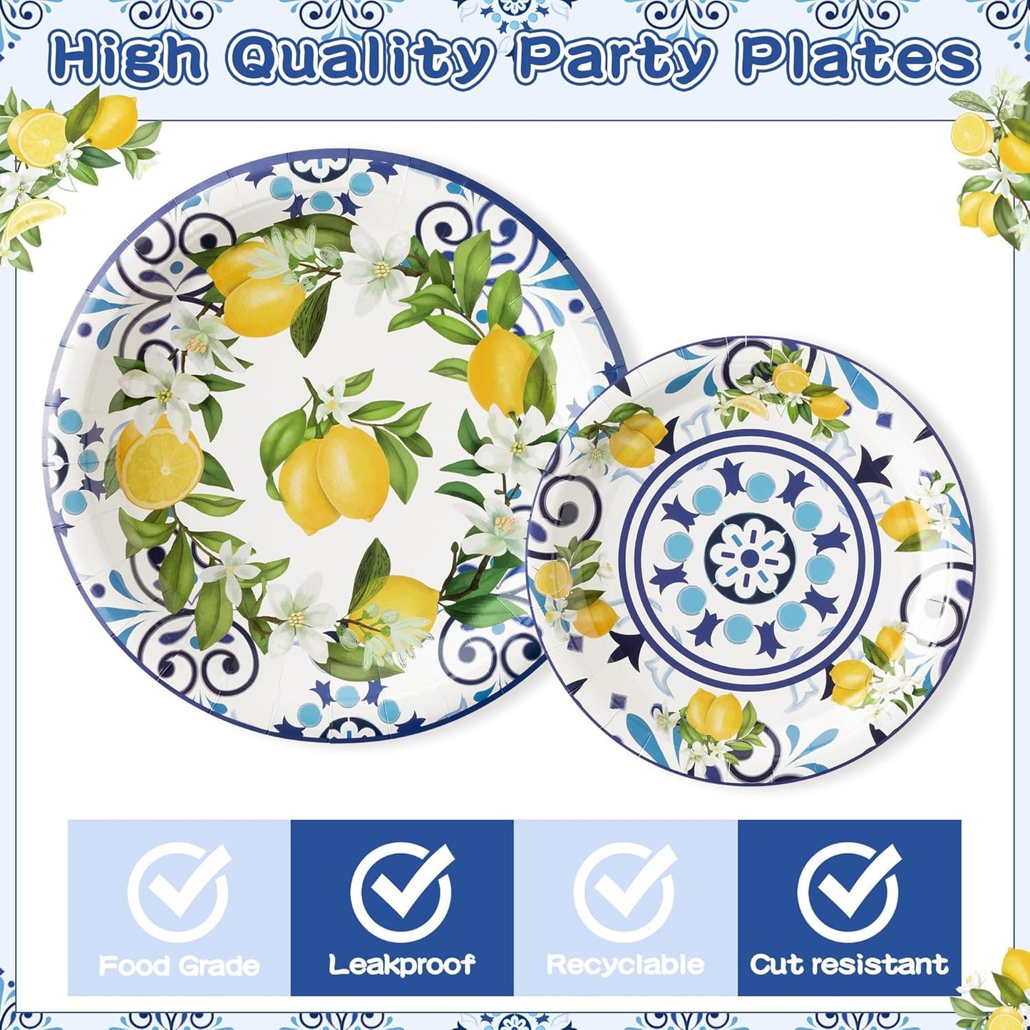 96Pcs Capri Lemon Blue Tiles Yellow Lemon Summer Citrus Fruit Party Plates Supplies Tableware Decorations Disposable Paper Plates Napkins Forks for Kids Birthday Baby Shower, Serves 24