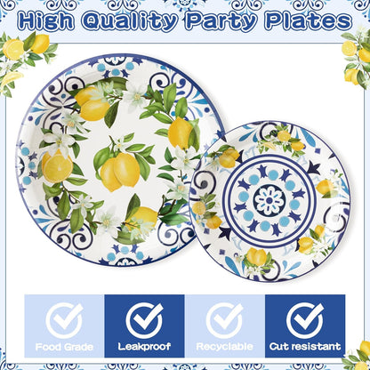 96Pcs Capri Lemon Blue Tiles Yellow Lemon Summer Citrus Fruit Party Plates Supplies Tableware Decorations Disposable Paper Plates Napkins Forks for Kids Birthday Baby Shower, Serves 24