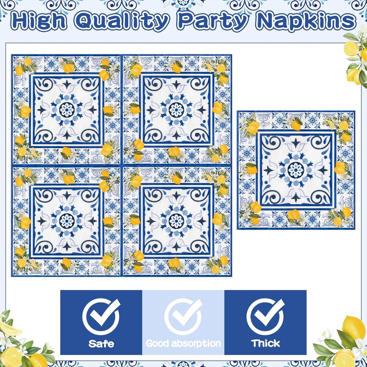 96Pcs Capri Lemon Blue Tiles Yellow Lemon Summer Citrus Fruit Party Plates Supplies Tableware Decorations Disposable Paper Plates Napkins Forks for Kids Birthday Baby Shower, Serves 24