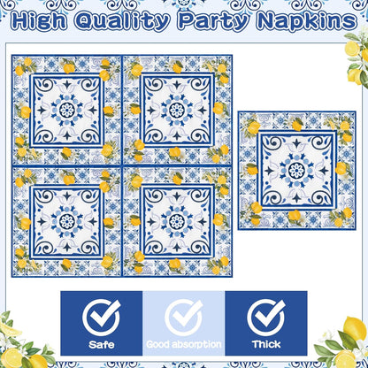 96Pcs Capri Lemon Blue Tiles Yellow Lemon Summer Citrus Fruit Party Plates Supplies Tableware Decorations Disposable Paper Plates Napkins Forks for Kids Birthday Baby Shower, Serves 24