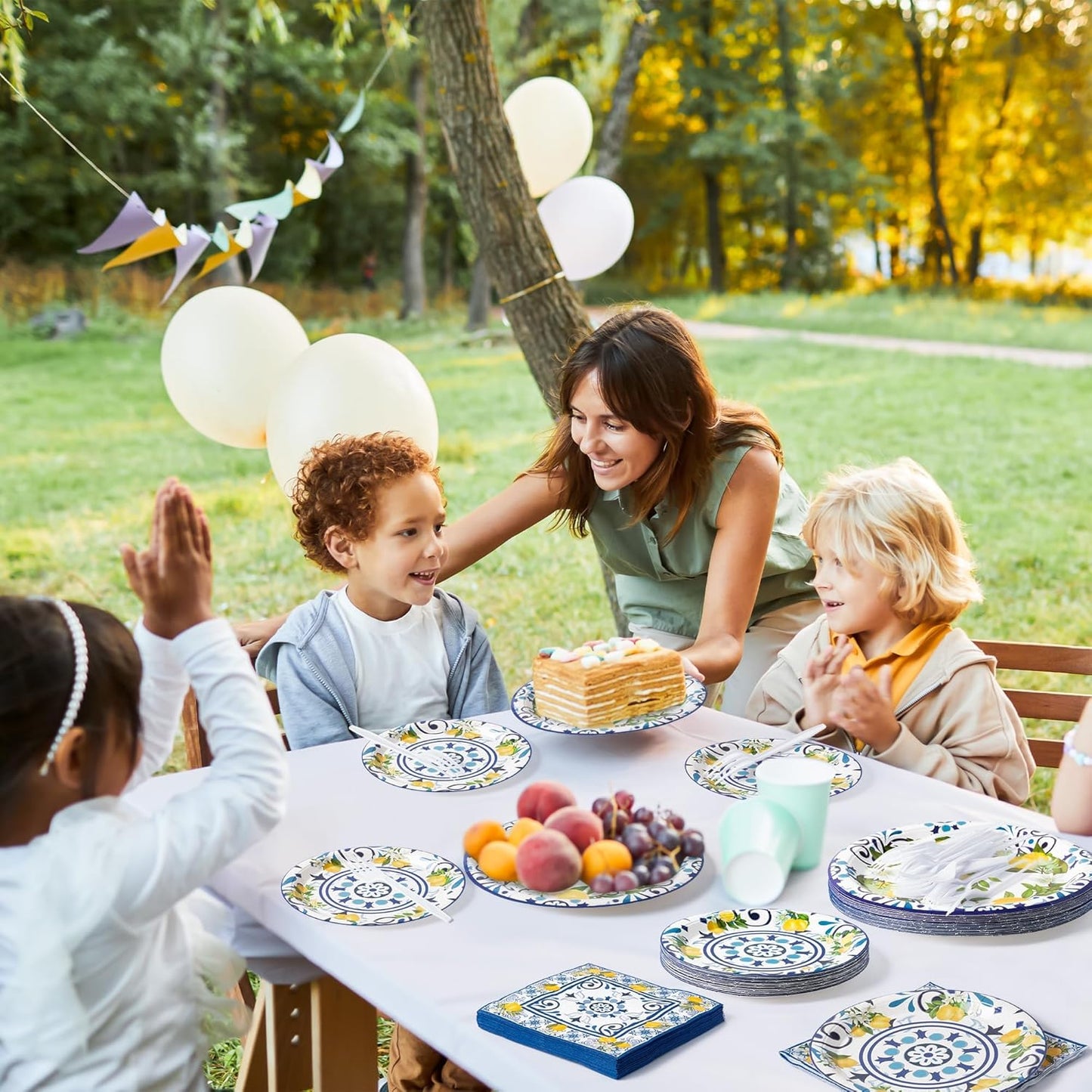 96Pcs Capri Lemon Blue Tiles Yellow Lemon Summer Citrus Fruit Party Plates Supplies Tableware Decorations Disposable Paper Plates Napkins Forks for Kids Birthday Baby Shower, Serves 24