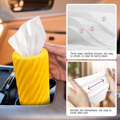 Car Tissue Holder, Refillable Round Cylinder with 3 Tissue Packs, Universal Fit for Vehicle Cup Holder, Home & Office, Car Accessories Interior (Yellow)