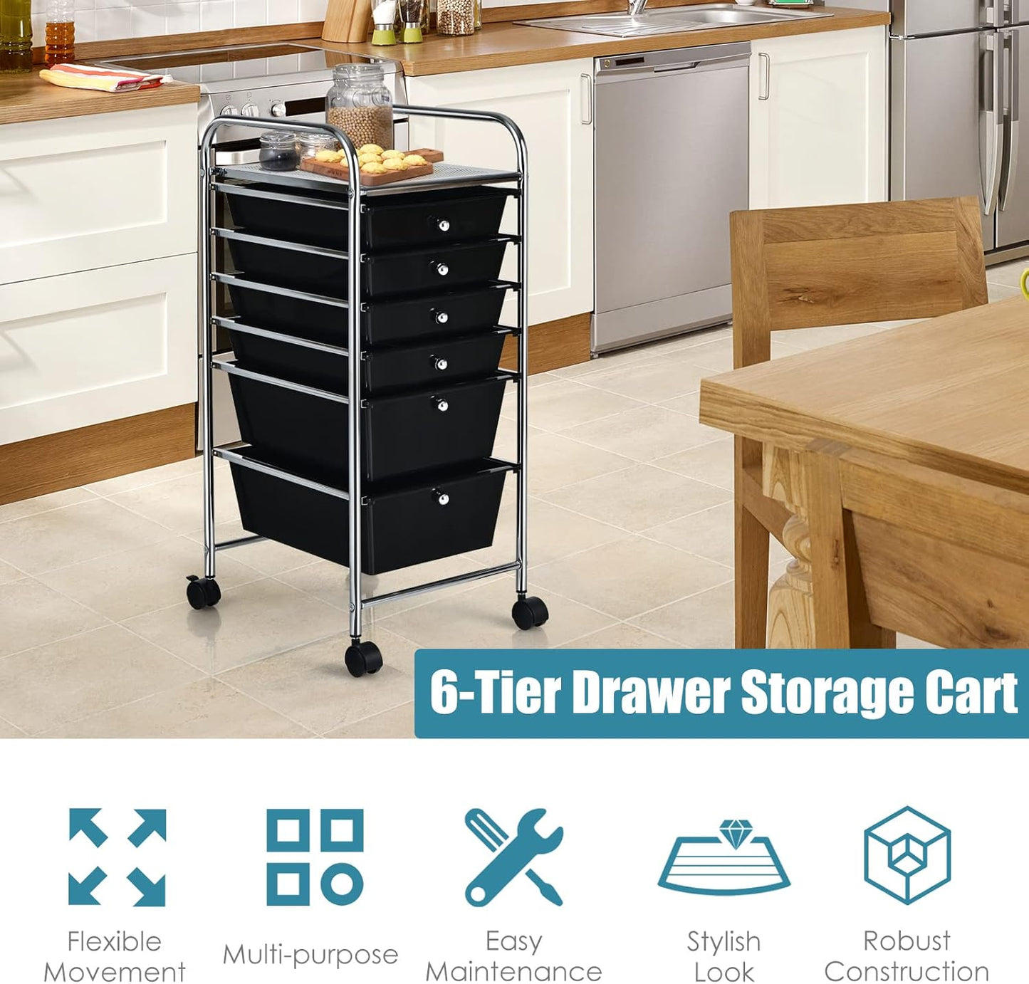 6-Drawer Rolling Storage Cart - Classroom Organization on Wheels w/Removable Plastic Drawers, Mobile Art Craft Cart for School Paper Home Office, Utility Cart with Drawers (Yellow)