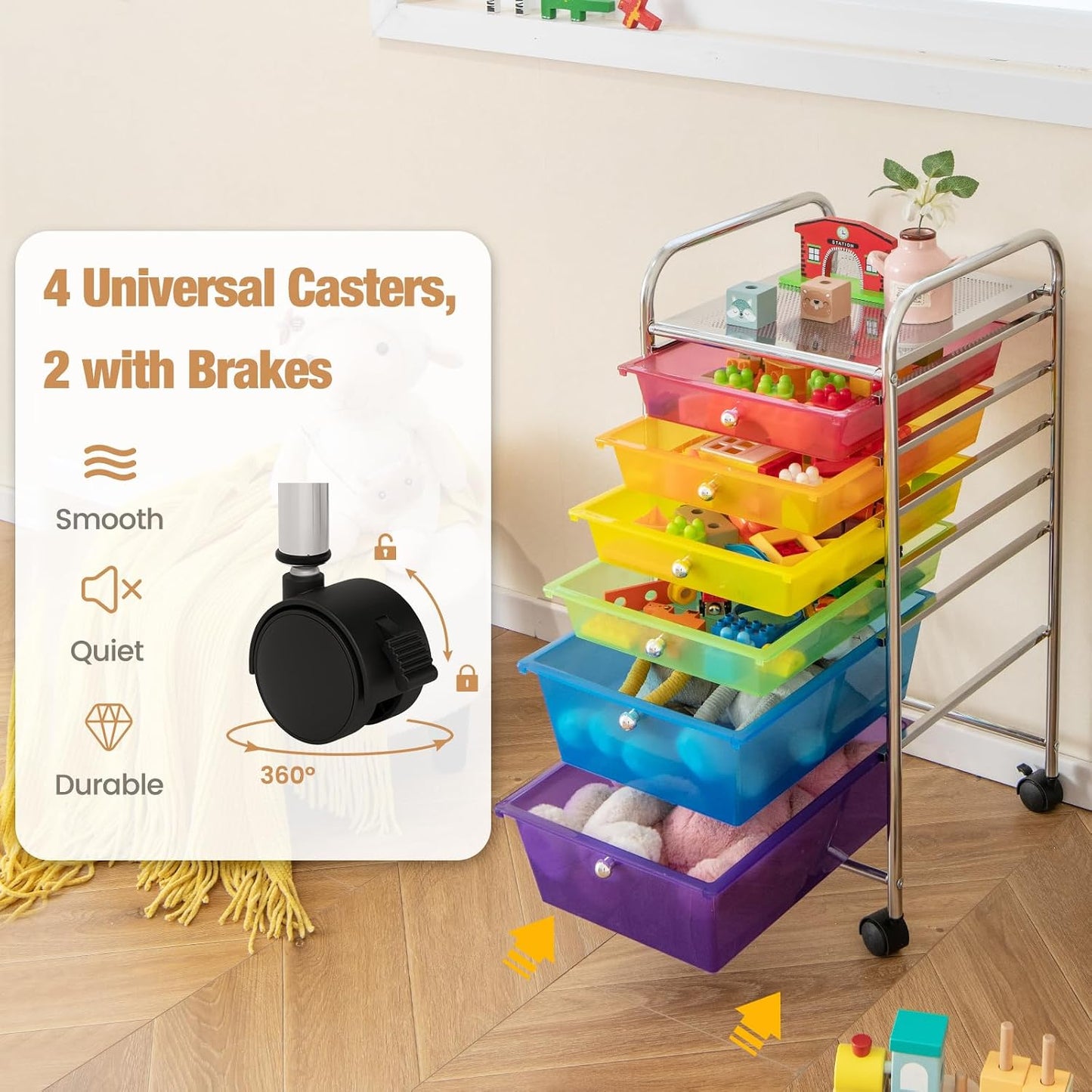 6-Drawer Rolling Storage Cart - Classroom Organization on Wheels w/Removable Plastic Drawers, Mobile Art Craft Cart for School Paper Home Office, Utility Cart with Drawers (Yellow)