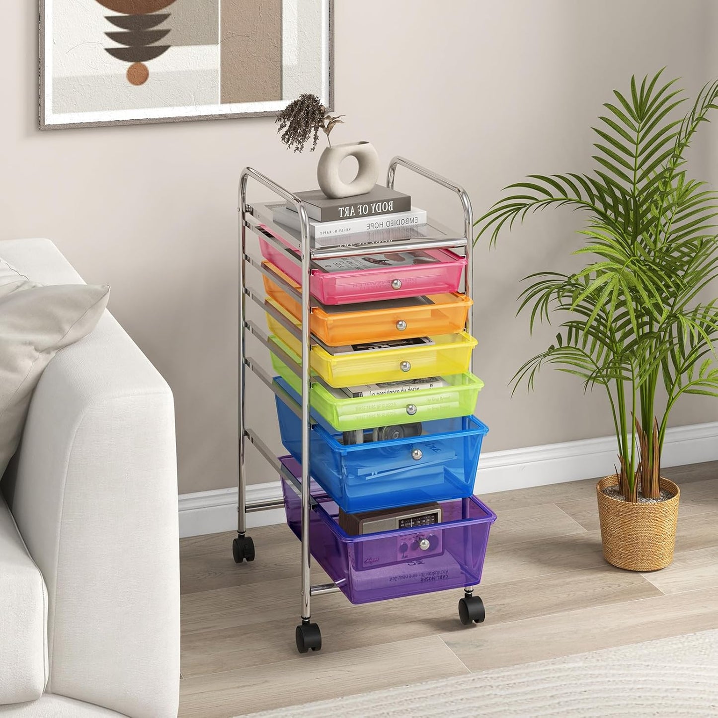 6-Drawer Rolling Storage Cart - Classroom Organization on Wheels w/Removable Plastic Drawers, Mobile Art Craft Cart for School Paper Home Office, Utility Cart with Drawers (Yellow)
