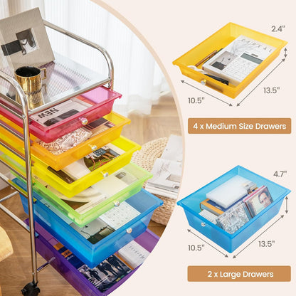 6-Drawer Rolling Storage Cart - Classroom Organization on Wheels w/Removable Plastic Drawers, Mobile Art Craft Cart for School Paper Home Office, Utility Cart with Drawers (Yellow)