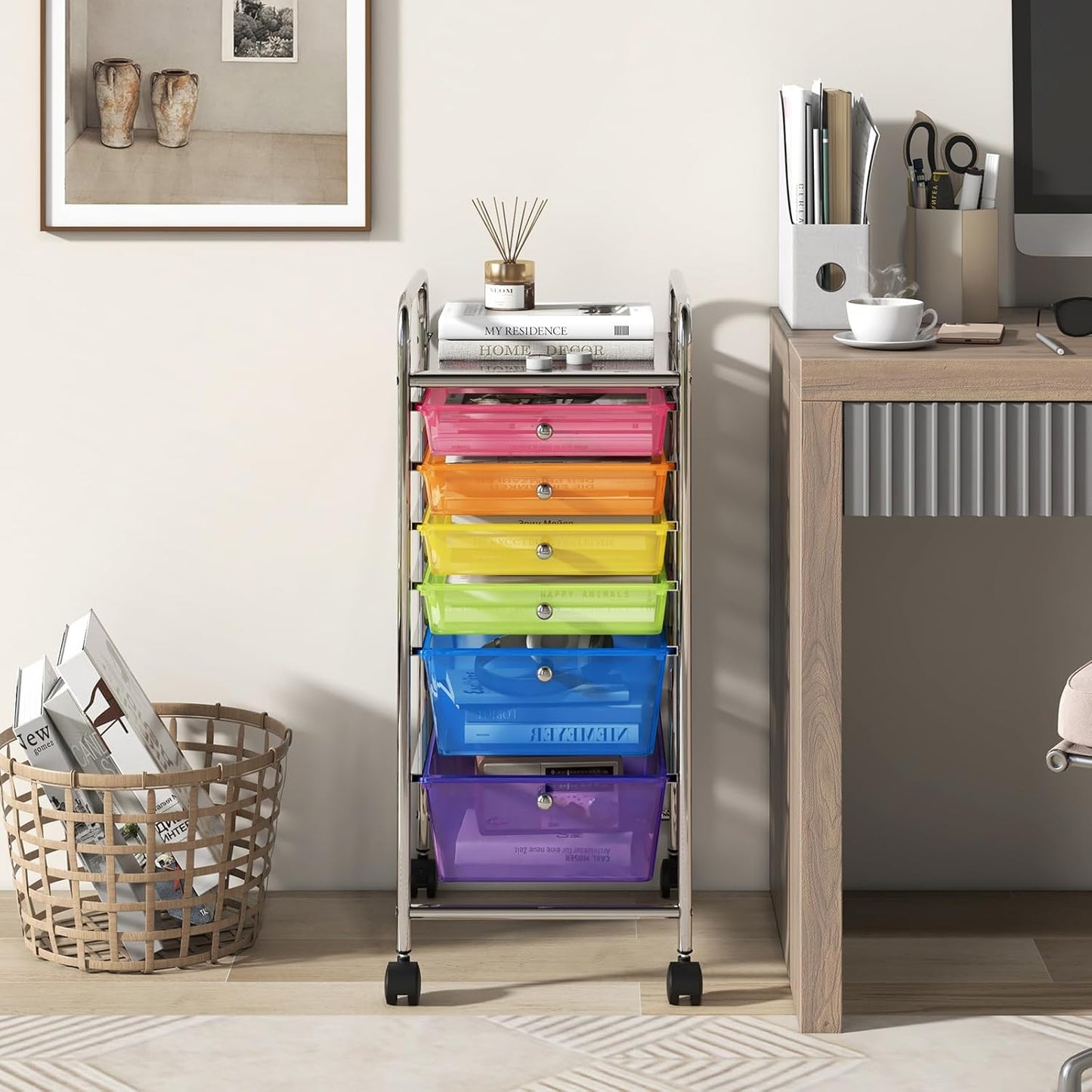 6-Drawer Rolling Storage Cart - Classroom Organization on Wheels w/Removable Plastic Drawers, Mobile Art Craft Cart for School Paper Home Office, Utility Cart with Drawers (Yellow)