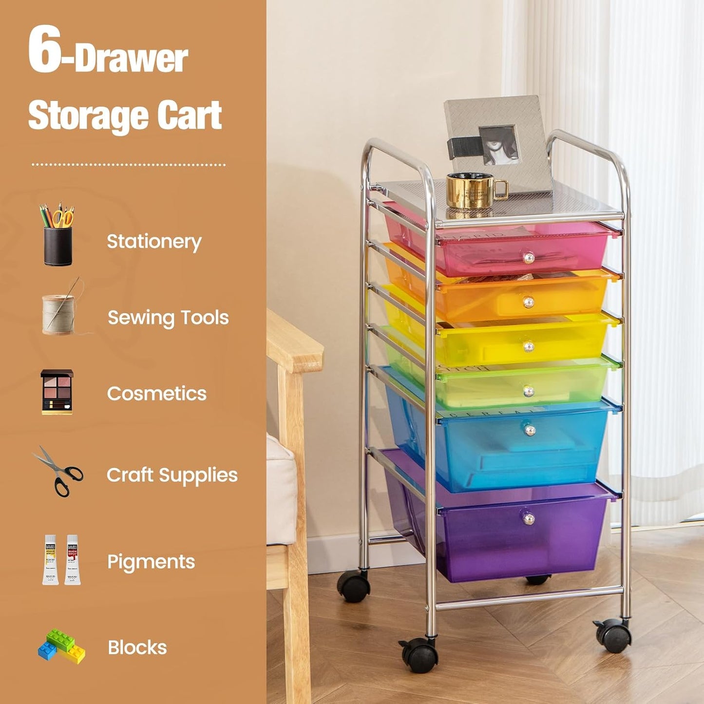 6-Drawer Rolling Storage Cart - Classroom Organization on Wheels w/Removable Plastic Drawers, Mobile Art Craft Cart for School Paper Home Office, Utility Cart with Drawers (Yellow)