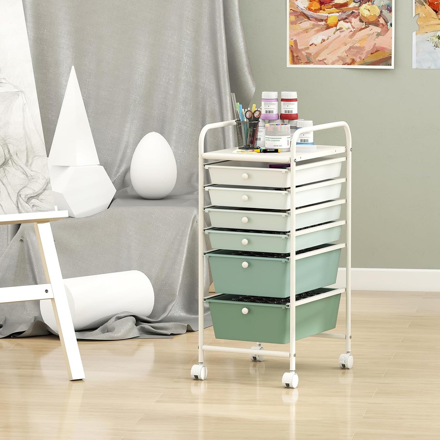 6-Drawer Rolling Storage Cart - Classroom Organization on Wheels w/Removable Plastic Drawers, Mobile Art Craft Cart for School Paper Home Office, Utility Cart with Drawers (Yellow)