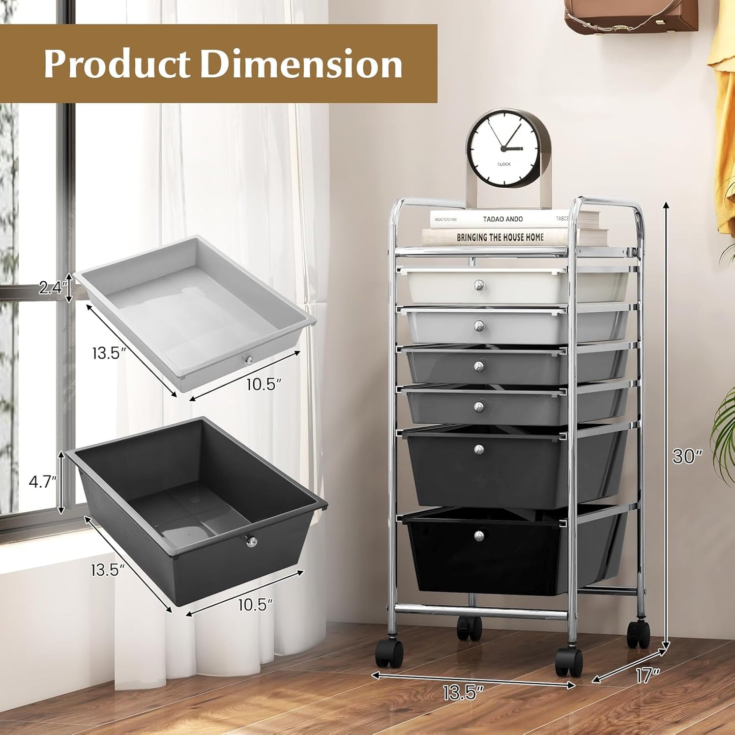 6-Drawer Rolling Storage Cart - Classroom Organization on Wheels w/Removable Plastic Drawers, Mobile Art Craft Cart for School Paper Home Office, Utility Cart with Drawers (Yellow)