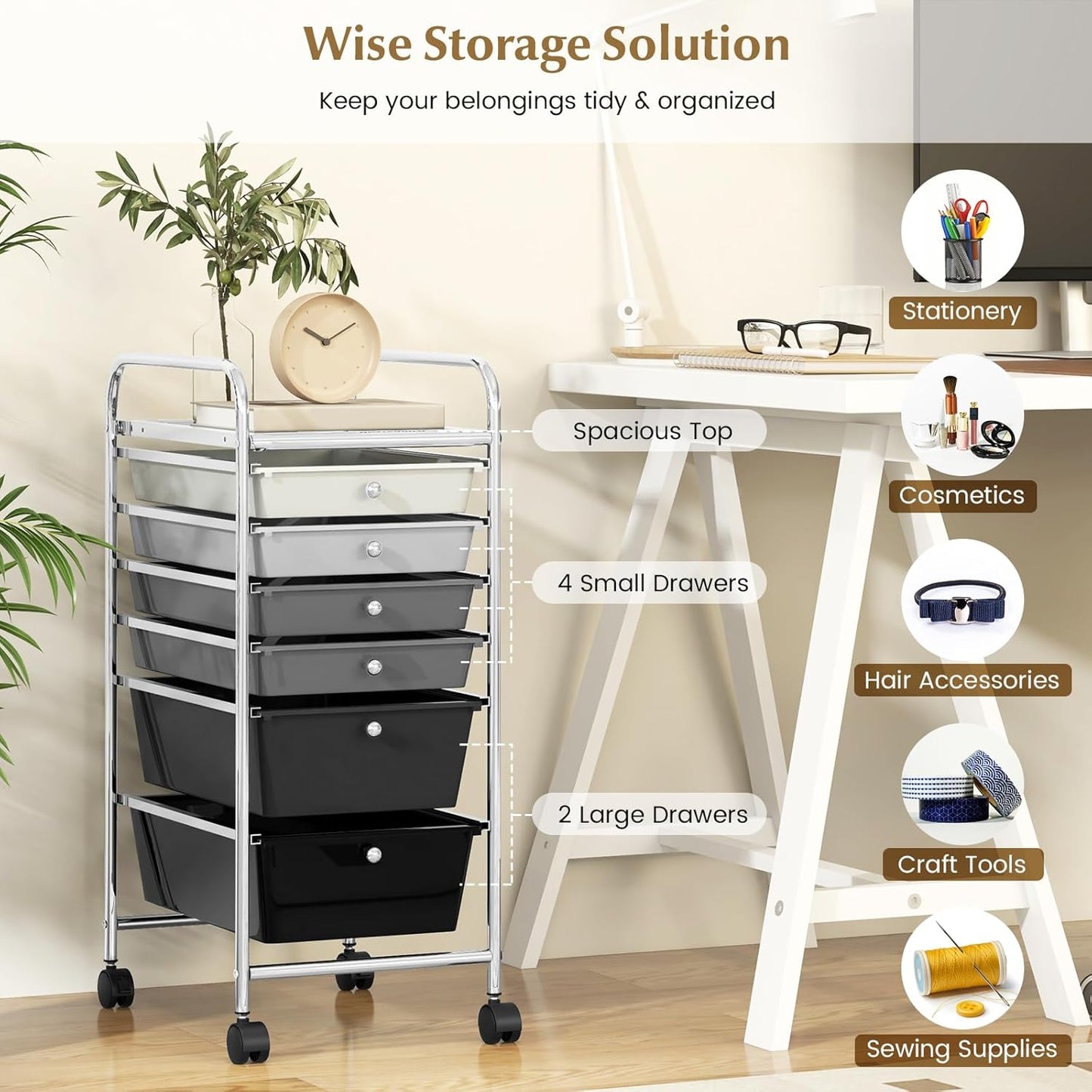 6-Drawer Rolling Storage Cart - Classroom Organization on Wheels w/Removable Plastic Drawers, Mobile Art Craft Cart for School Paper Home Office, Utility Cart with Drawers (Yellow)
