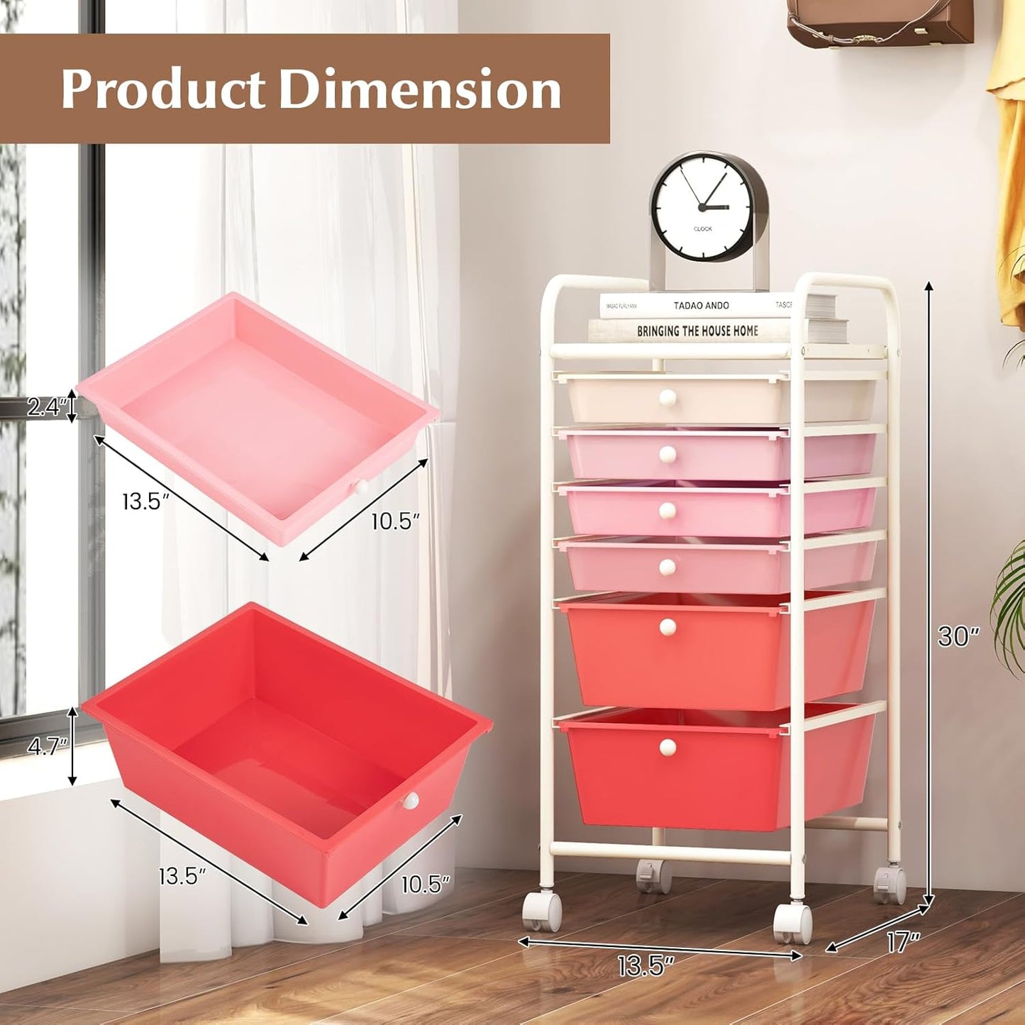 6-Drawer Rolling Storage Cart - Classroom Organization on Wheels w/Removable Plastic Drawers, Mobile Art Craft Cart for School Paper Home Office, Utility Cart with Drawers (Yellow)