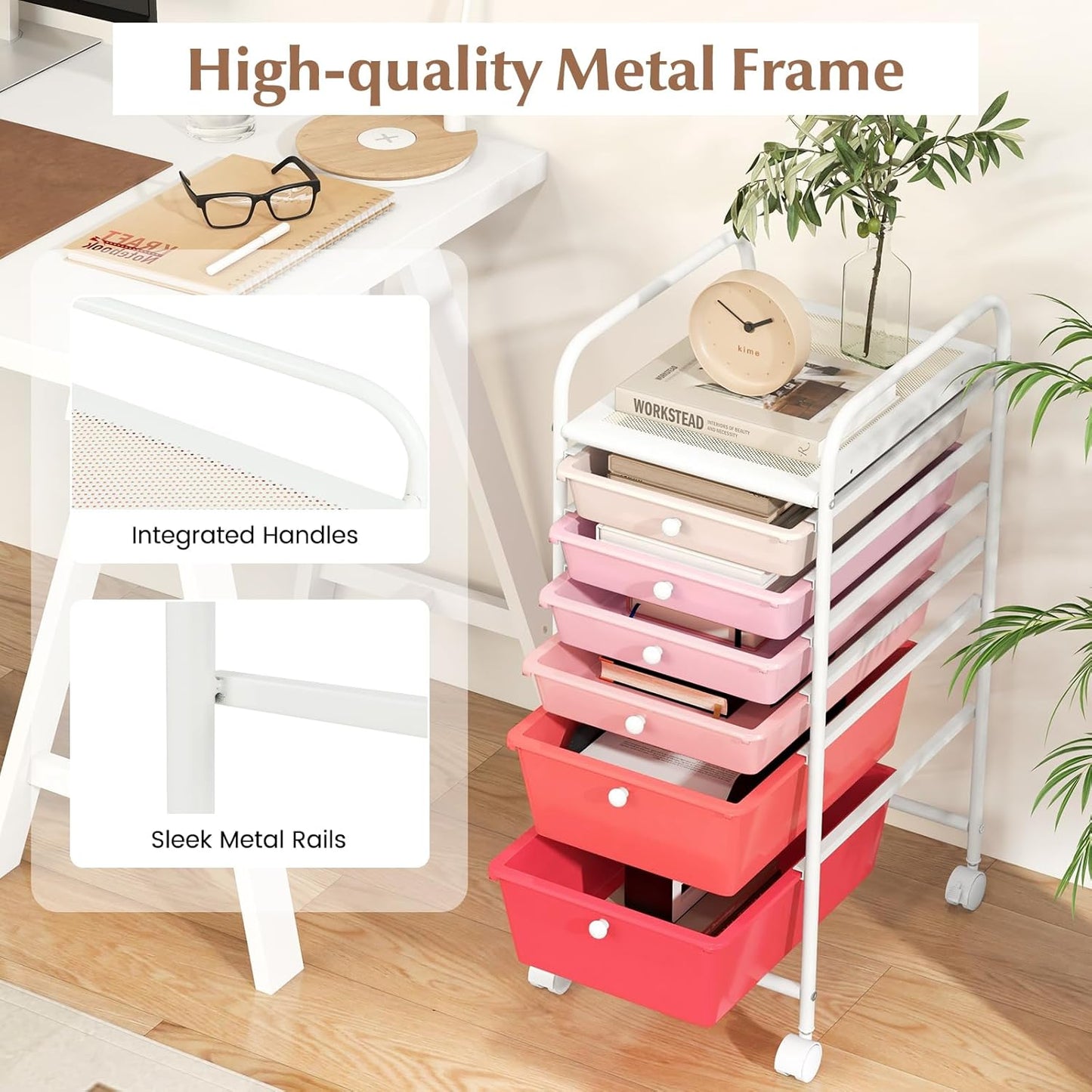 6-Drawer Rolling Storage Cart - Classroom Organization on Wheels w/Removable Plastic Drawers, Mobile Art Craft Cart for School Paper Home Office, Utility Cart with Drawers (Yellow)