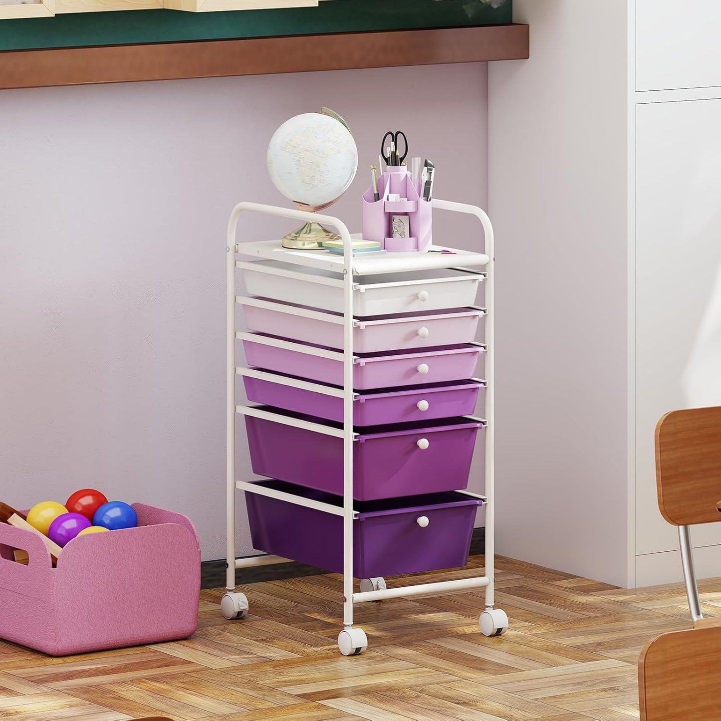 6-Drawer Rolling Storage Cart - Classroom Organization on Wheels w/Removable Plastic Drawers, Mobile Art Craft Cart for School Paper Home Office, Utility Cart with Drawers (Yellow)