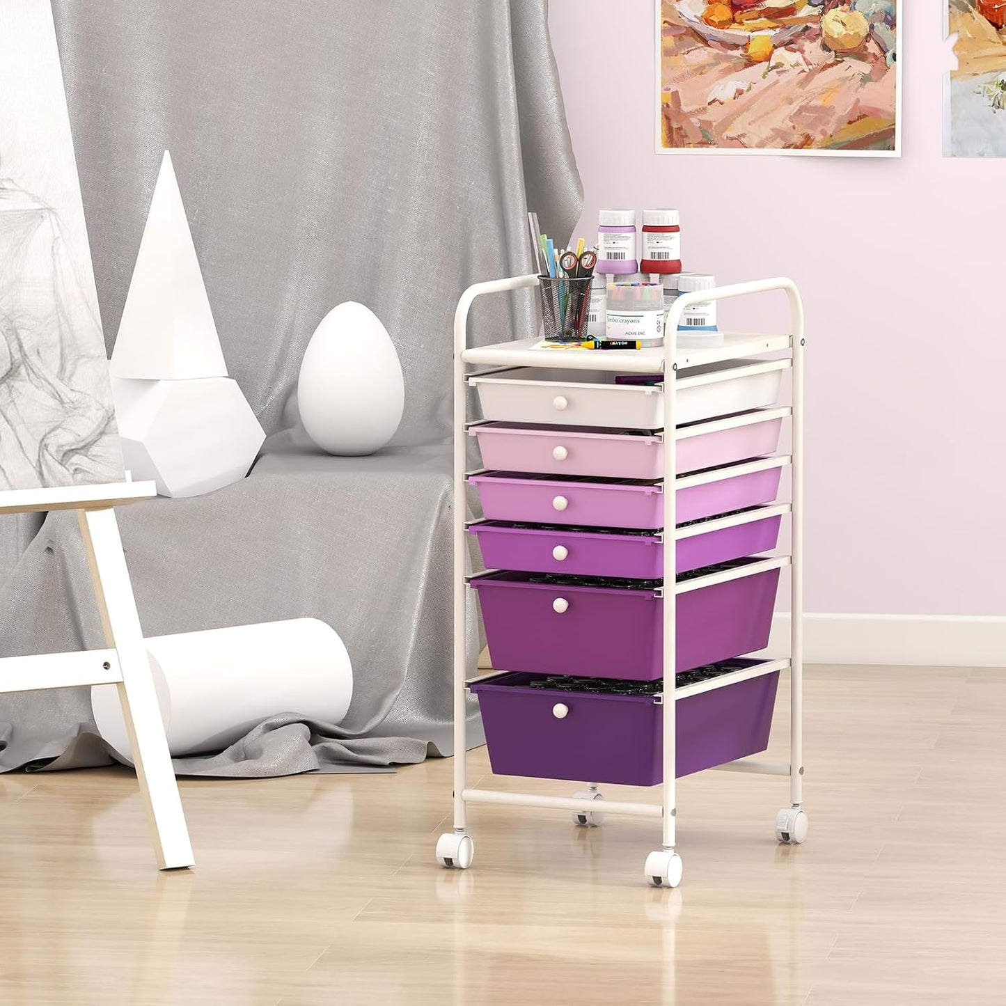 6-Drawer Rolling Storage Cart - Classroom Organization on Wheels w/Removable Plastic Drawers, Mobile Art Craft Cart for School Paper Home Office, Utility Cart with Drawers (Yellow)