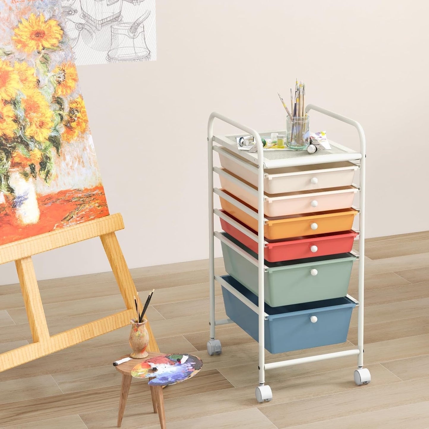 6-Drawer Rolling Storage Cart - Classroom Organization on Wheels w/Removable Plastic Drawers, Mobile Art Craft Cart for School Paper Home Office, Utility Cart with Drawers (Yellow)
