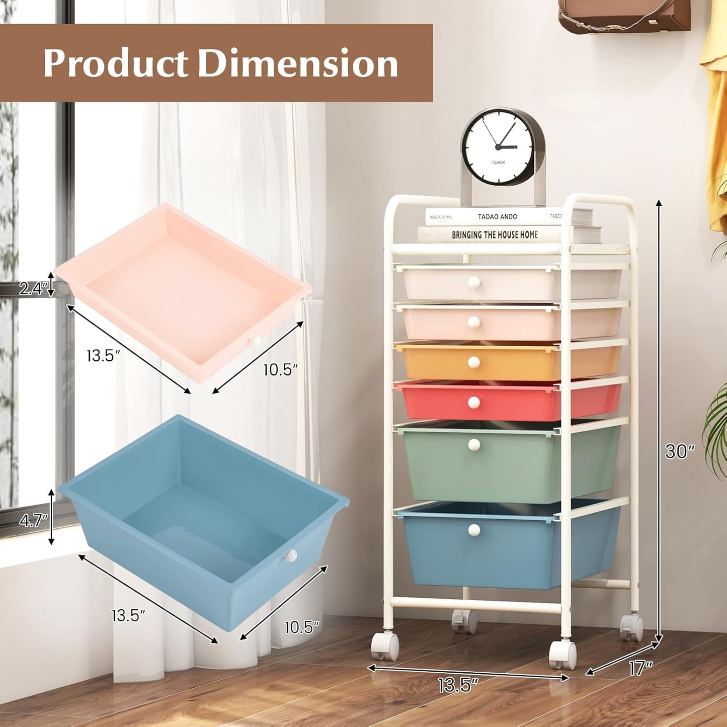 6-Drawer Rolling Storage Cart - Classroom Organization on Wheels w/Removable Plastic Drawers, Mobile Art Craft Cart for School Paper Home Office, Utility Cart with Drawers (Yellow)