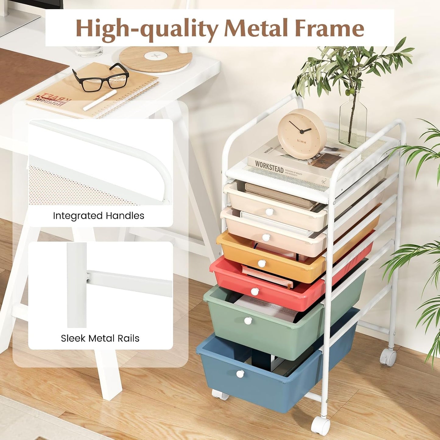 6-Drawer Rolling Storage Cart - Classroom Organization on Wheels w/Removable Plastic Drawers, Mobile Art Craft Cart for School Paper Home Office, Utility Cart with Drawers (Yellow)