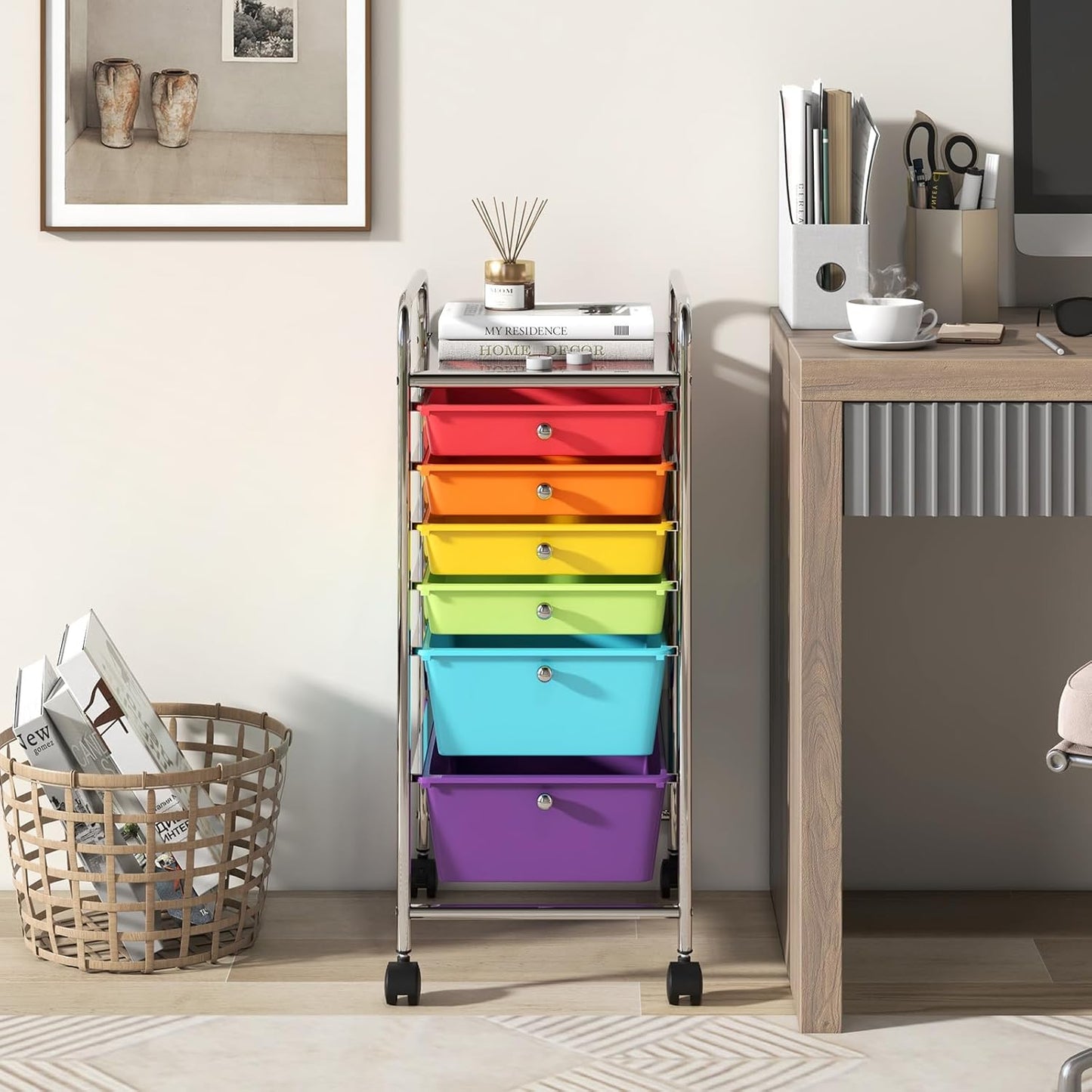 6-Drawer Rolling Storage Cart - Classroom Organization on Wheels w/Removable Plastic Drawers, Mobile Art Craft Cart for School Paper Home Office, Utility Cart with Drawers (Yellow)