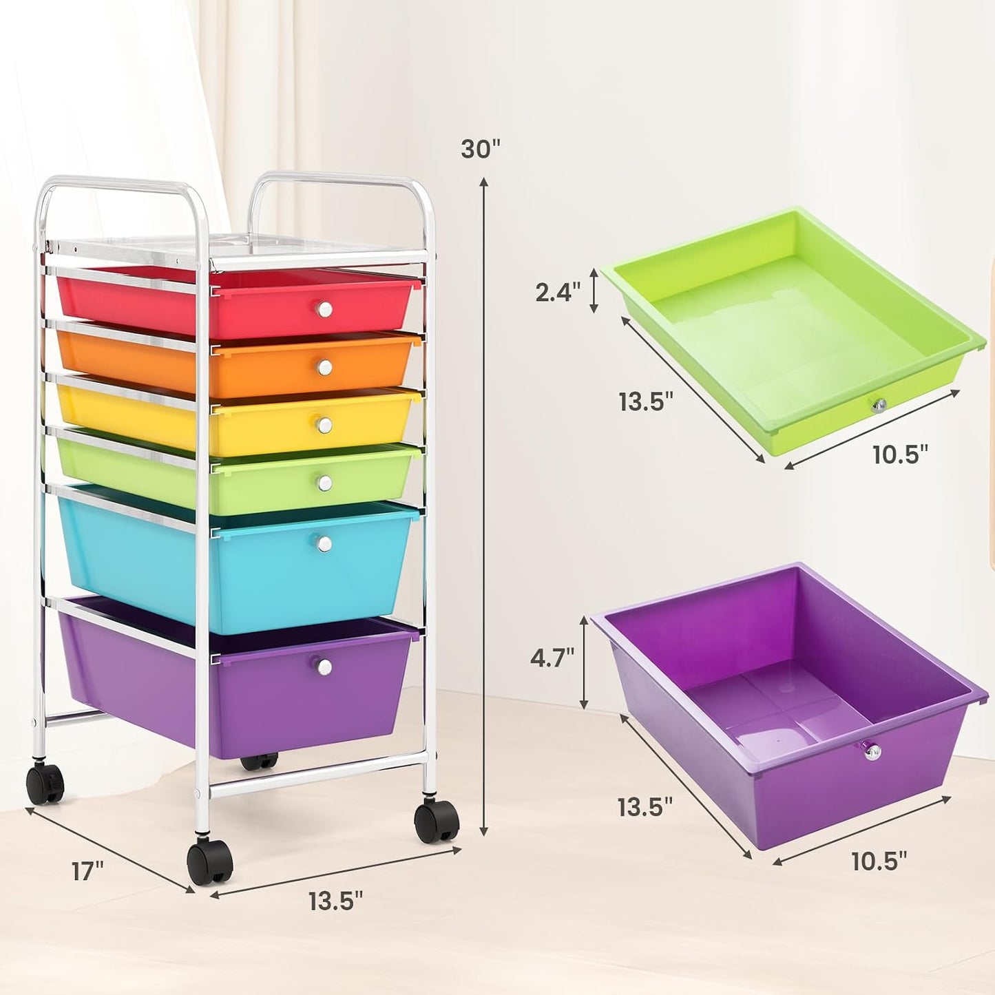 6-Drawer Rolling Storage Cart - Classroom Organization on Wheels w/Removable Plastic Drawers, Mobile Art Craft Cart for School Paper Home Office, Utility Cart with Drawers (Yellow)