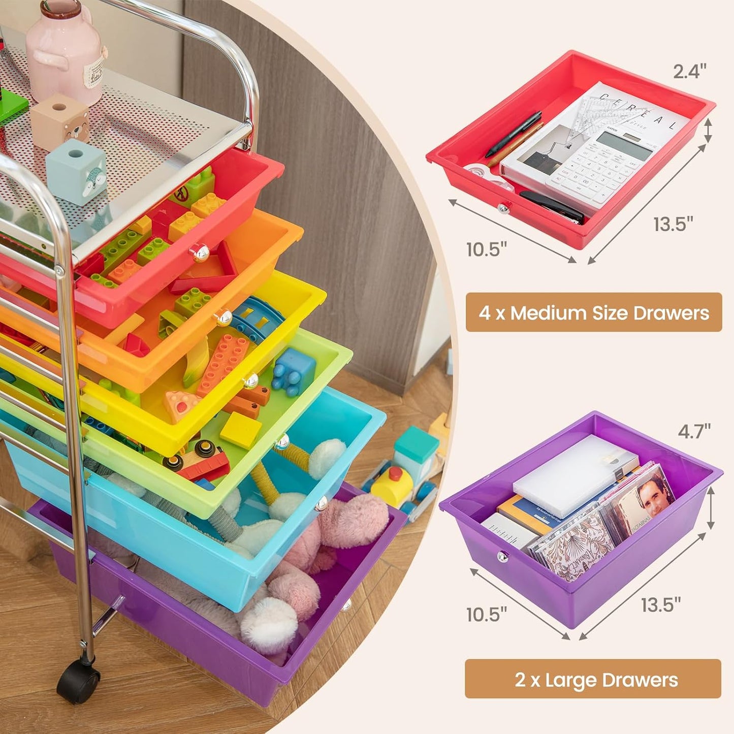 6-Drawer Rolling Storage Cart - Classroom Organization on Wheels w/Removable Plastic Drawers, Mobile Art Craft Cart for School Paper Home Office, Utility Cart with Drawers (Yellow)