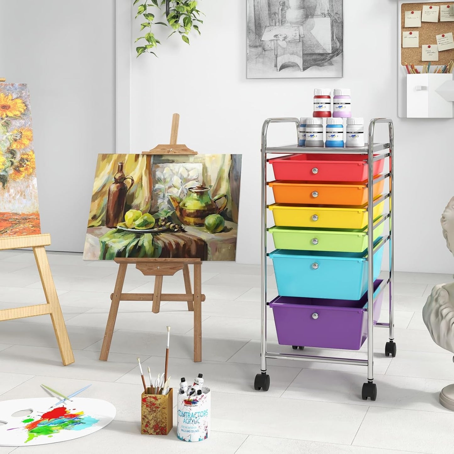 6-Drawer Rolling Storage Cart - Classroom Organization on Wheels w/Removable Plastic Drawers, Mobile Art Craft Cart for School Paper Home Office, Utility Cart with Drawers (Yellow)