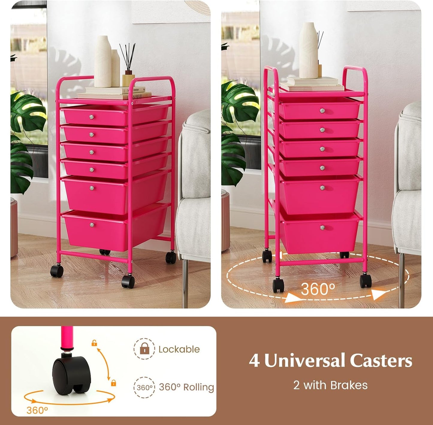 6-Drawer Rolling Storage Cart - Classroom Organization on Wheels w/Removable Plastic Drawers, Mobile Art Craft Cart for School Paper Home Office, Utility Cart with Drawers (Yellow)