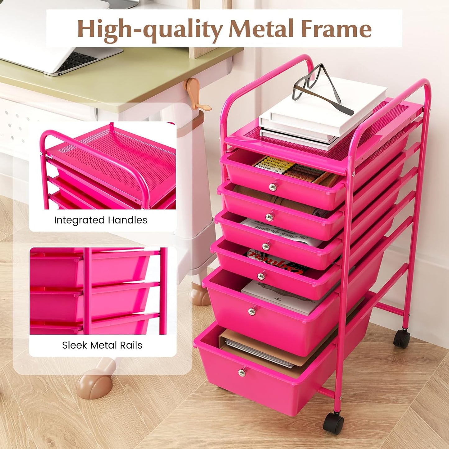 6-Drawer Rolling Storage Cart - Classroom Organization on Wheels w/Removable Plastic Drawers, Mobile Art Craft Cart for School Paper Home Office, Utility Cart with Drawers (Yellow)