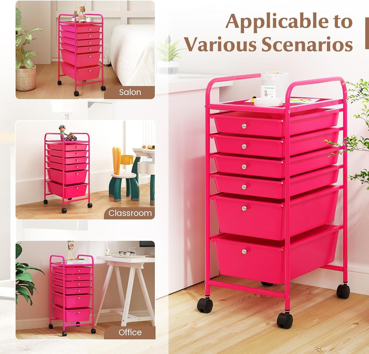 6-Drawer Rolling Storage Cart - Classroom Organization on Wheels w/Removable Plastic Drawers, Mobile Art Craft Cart for School Paper Home Office, Utility Cart with Drawers (Yellow)