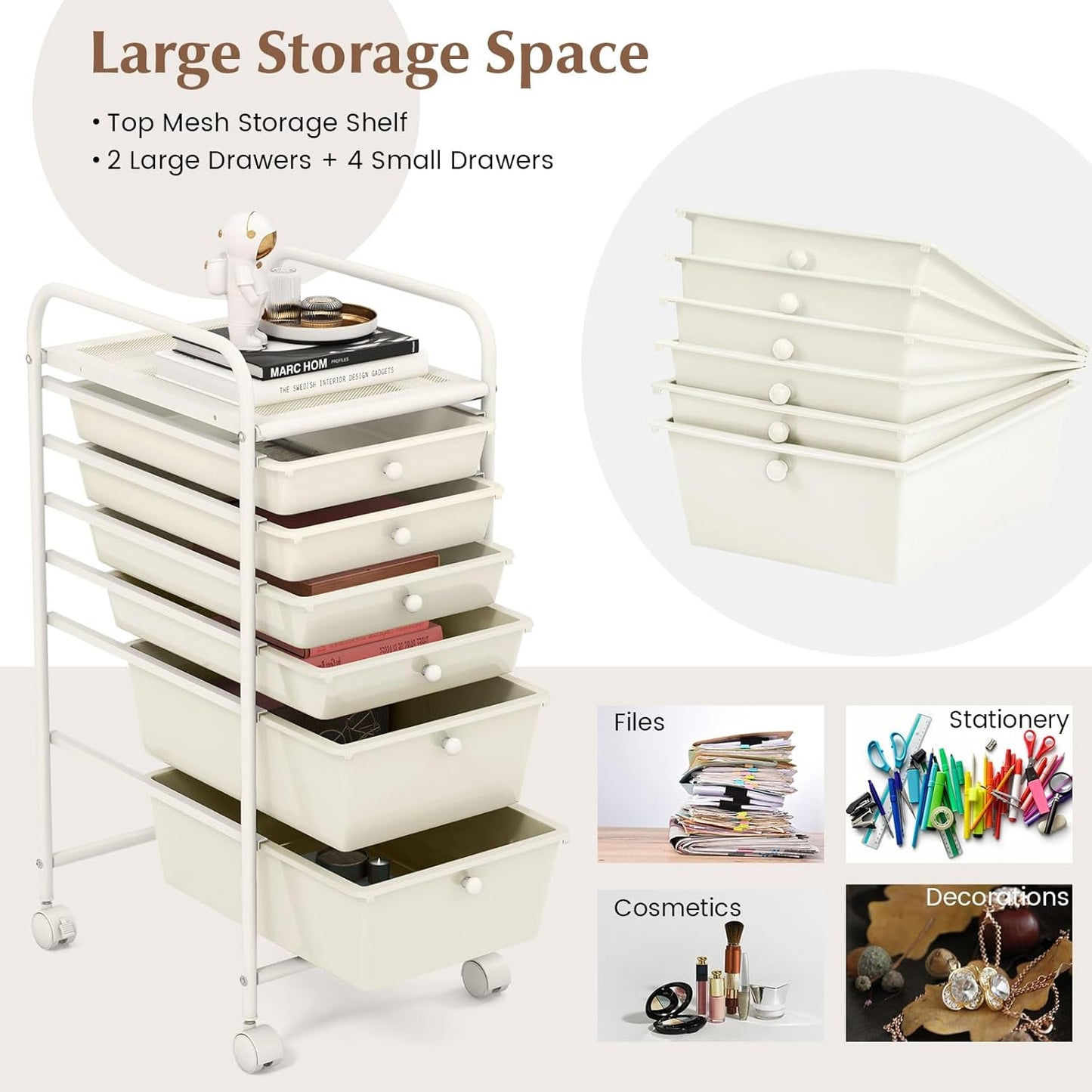 6-Drawer Rolling Storage Cart - Classroom Organization on Wheels w/Removable Plastic Drawers, Mobile Art Craft Cart for School Paper Home Office, Utility Cart with Drawers (Yellow)