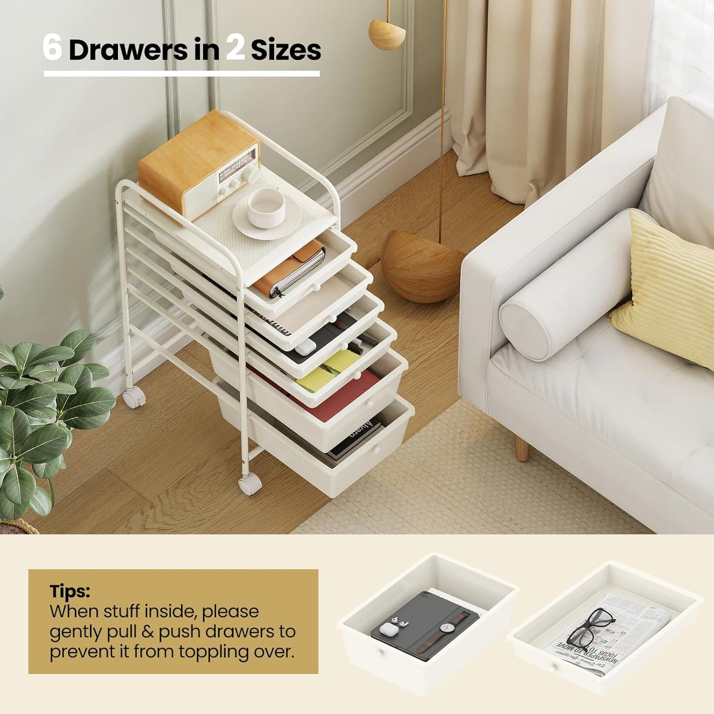 6-Drawer Rolling Storage Cart - Classroom Organization on Wheels w/Removable Plastic Drawers, Mobile Art Craft Cart for School Paper Home Office, Utility Cart with Drawers (Yellow)