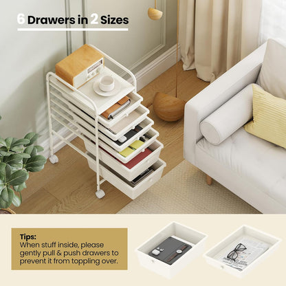 6-Drawer Rolling Storage Cart - Classroom Organization on Wheels w/Removable Plastic Drawers, Mobile Art Craft Cart for School Paper Home Office, Utility Cart with Drawers (Yellow)