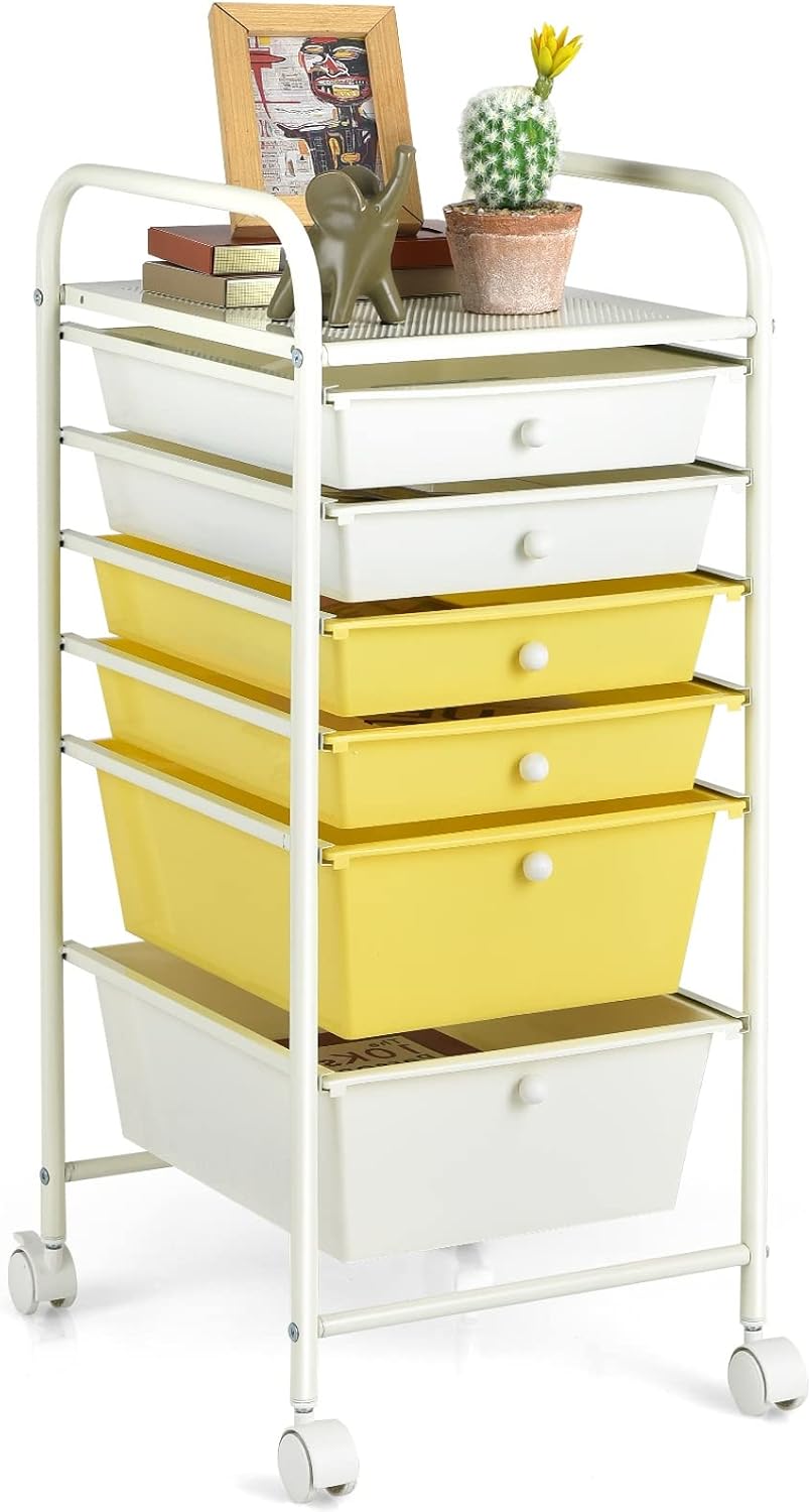 6-Drawer Rolling Storage Cart - Classroom Organization on Wheels w/Removable Plastic Drawers, Mobile Art Craft Cart for School Paper Home Office, Utility Cart with Drawers (Yellow)