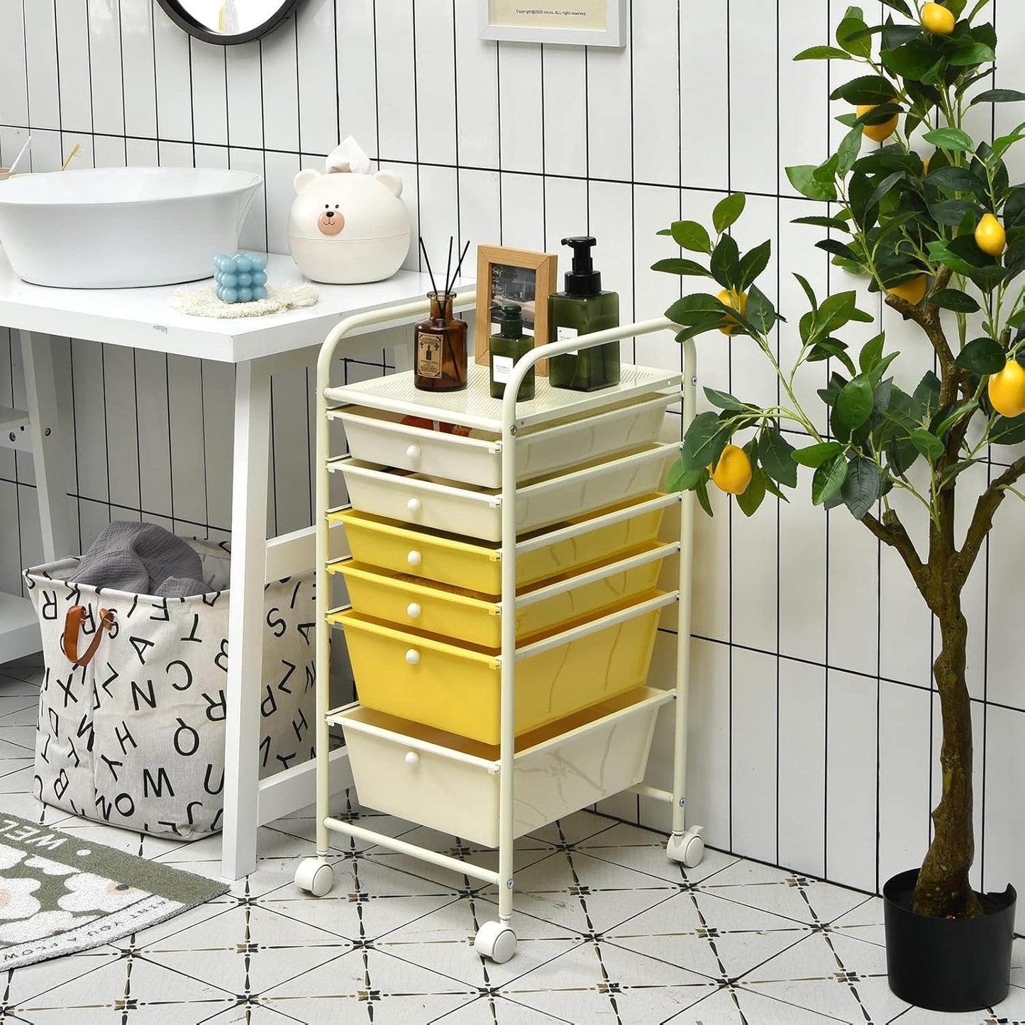 6-Drawer Rolling Storage Cart - Classroom Organization on Wheels w/Removable Plastic Drawers, Mobile Art Craft Cart for School Paper Home Office, Utility Cart with Drawers (Yellow)