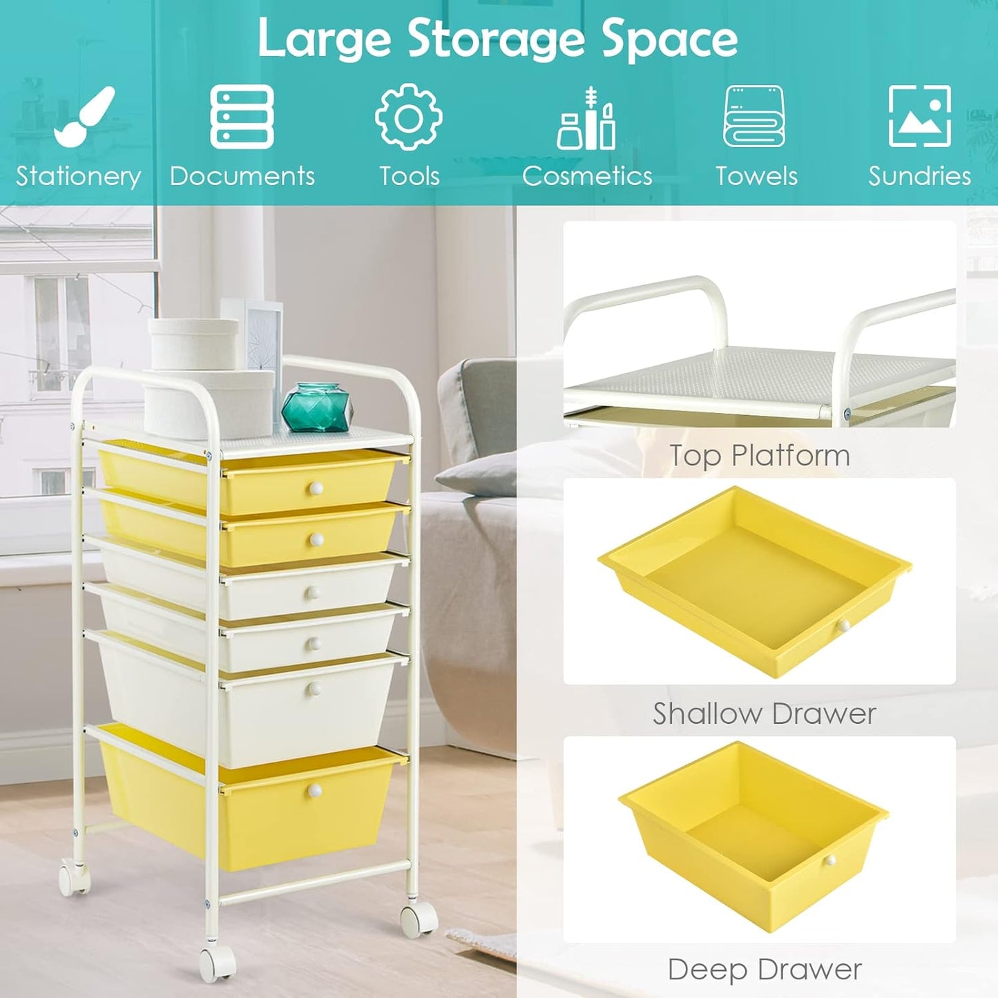 6-Drawer Rolling Storage Cart - Classroom Organization on Wheels w/Removable Plastic Drawers, Mobile Art Craft Cart for School Paper Home Office, Utility Cart with Drawers (Yellow)