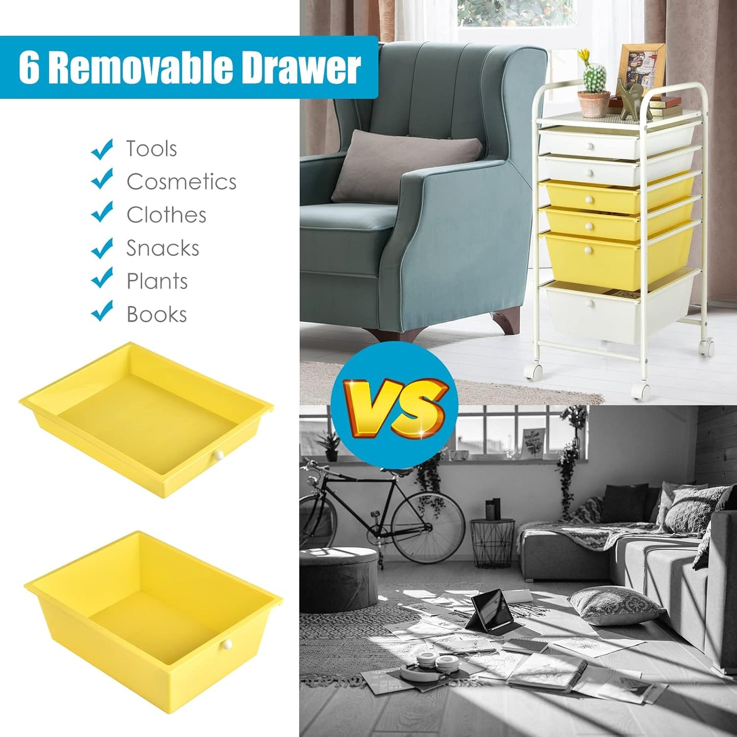 6-Drawer Rolling Storage Cart - Classroom Organization on Wheels w/Removable Plastic Drawers, Mobile Art Craft Cart for School Paper Home Office, Utility Cart with Drawers (Yellow)