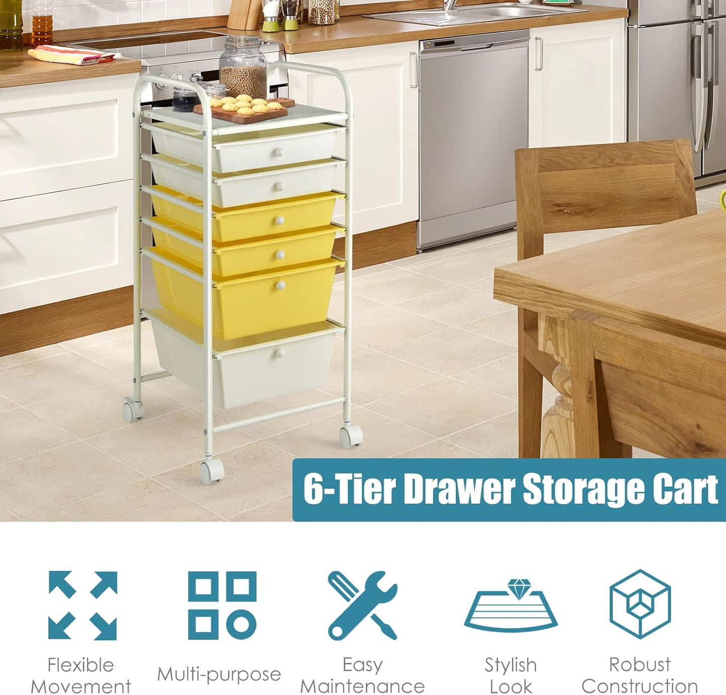 6-Drawer Rolling Storage Cart - Classroom Organization on Wheels w/Removable Plastic Drawers, Mobile Art Craft Cart for School Paper Home Office, Utility Cart with Drawers (Yellow)