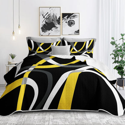 Black and Yellow Bedding Quilt Queen Size with 2 Shams, Modern Stripe Comforter Sets Classic Line Pattern Lightweight Bedspreads Grey and Yellow Coverlet for Summer, 90''x96''
