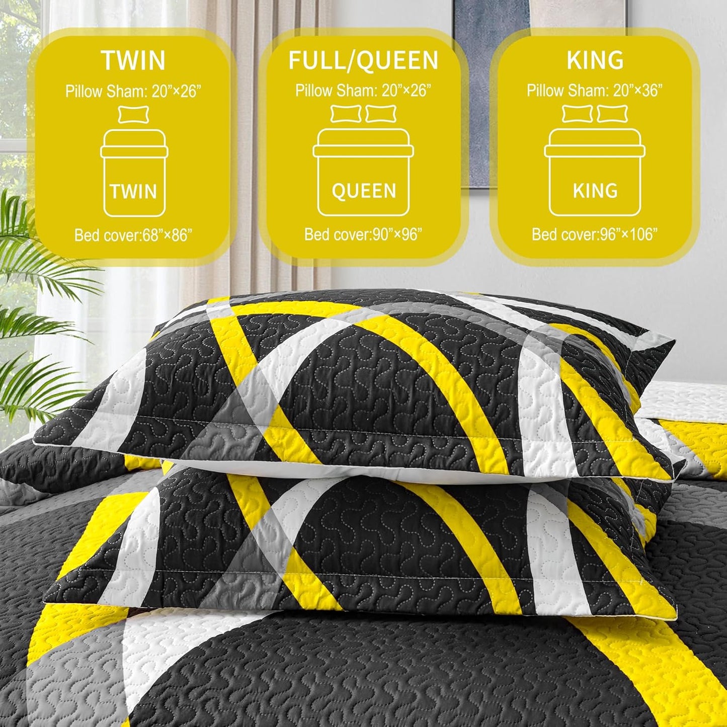 Black and Yellow Bedding Quilt Queen Size with 2 Shams, Modern Stripe Comforter Sets Classic Line Pattern Lightweight Bedspreads Grey and Yellow Coverlet for Summer, 90''x96''