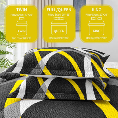 Black and Yellow Bedding Quilt Queen Size with 2 Shams, Modern Stripe Comforter Sets Classic Line Pattern Lightweight Bedspreads Grey and Yellow Coverlet for Summer, 90''x96''