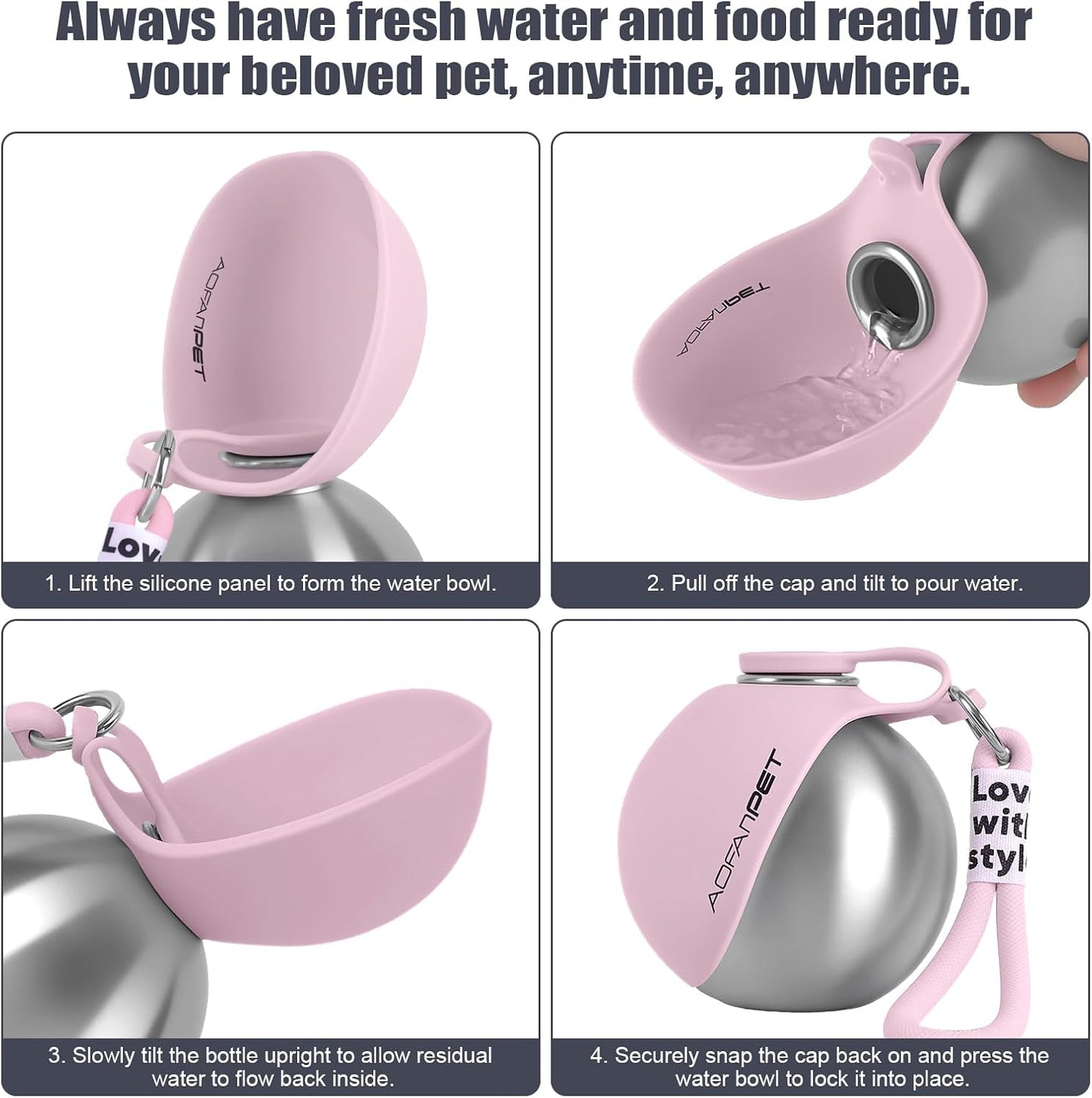 Portable Dog Water Bottle 10oz Stainless Steel Travel Dog Water Dispenser with Bowl No-Spill Puppy Water Bottle for Walking Hiking Small Dog Water Bottle
