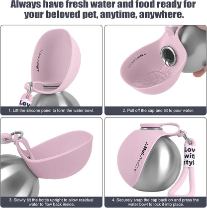 Portable Dog Water Bottle 10oz Stainless Steel Travel Dog Water Dispenser with Bowl No-Spill Puppy Water Bottle for Walking Hiking Small Dog Water Bottle