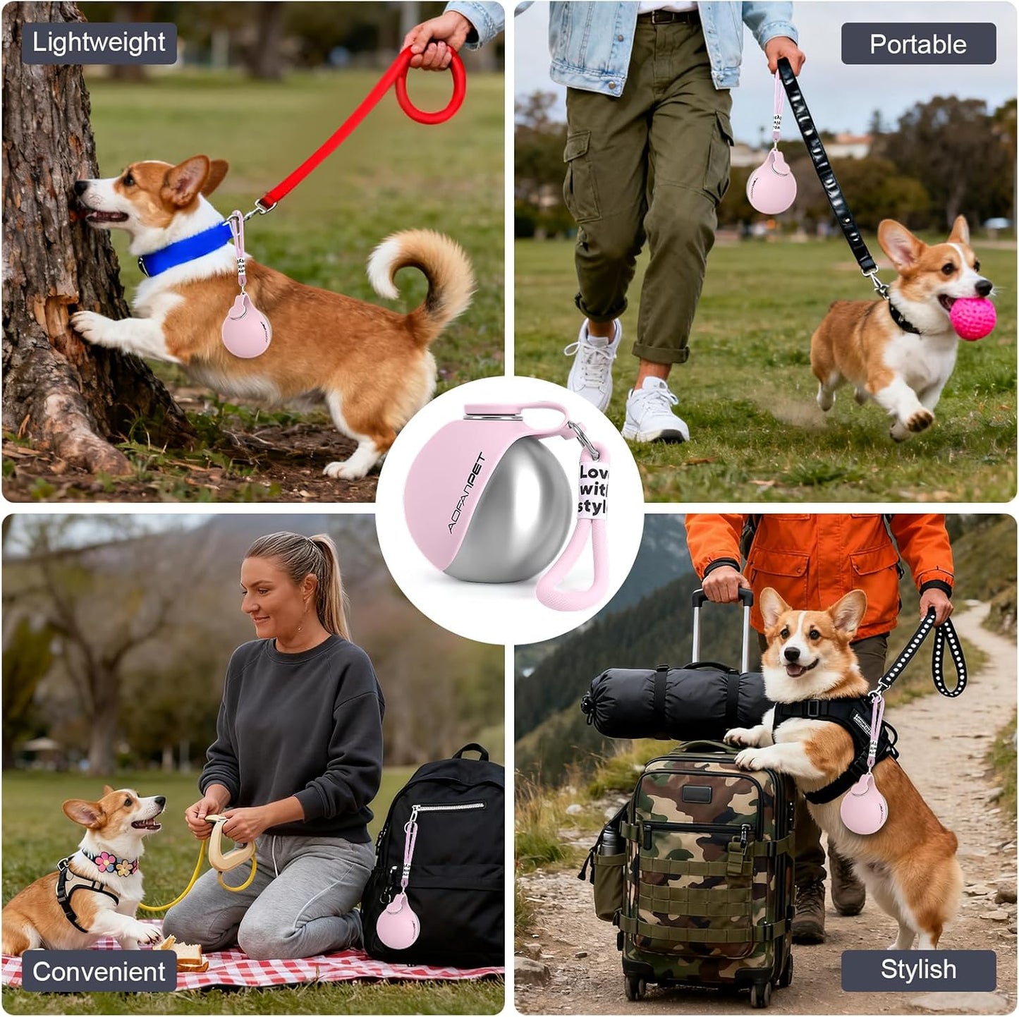 Portable Dog Water Bottle 10oz Stainless Steel Travel Dog Water Dispenser with Bowl No-Spill Puppy Water Bottle for Walking Hiking Small Dog Water Bottle