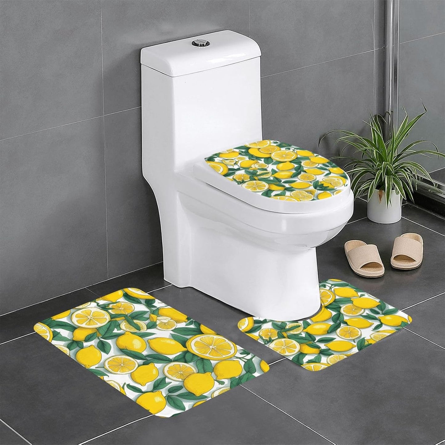 Yellow Lemon Printed Anti-Slip Bathroom Rugs Set - 3-Piece Contour, Oval & Rectangular Mats for Toilet, Vanity & Restrooms