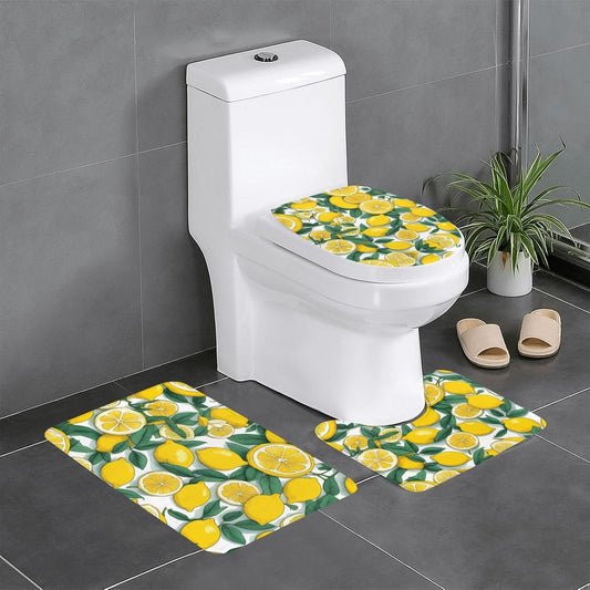 Yellow Lemon Printed Anti-Slip Bathroom Rugs Set - 3-Piece Contour, Oval & Rectangular Mats for Toilet, Vanity & Restrooms