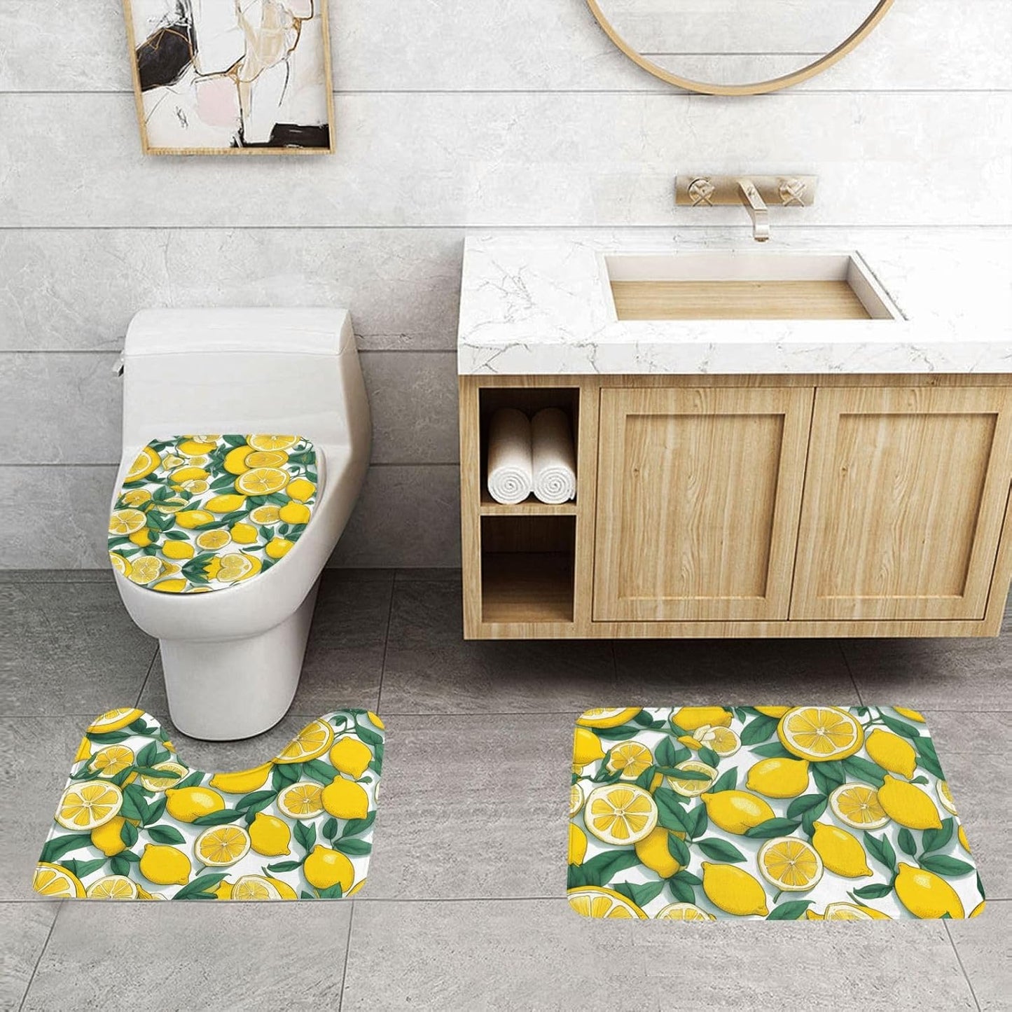 Yellow Lemon Printed Anti-Slip Bathroom Rugs Set - 3-Piece Contour, Oval & Rectangular Mats for Toilet, Vanity & Restrooms