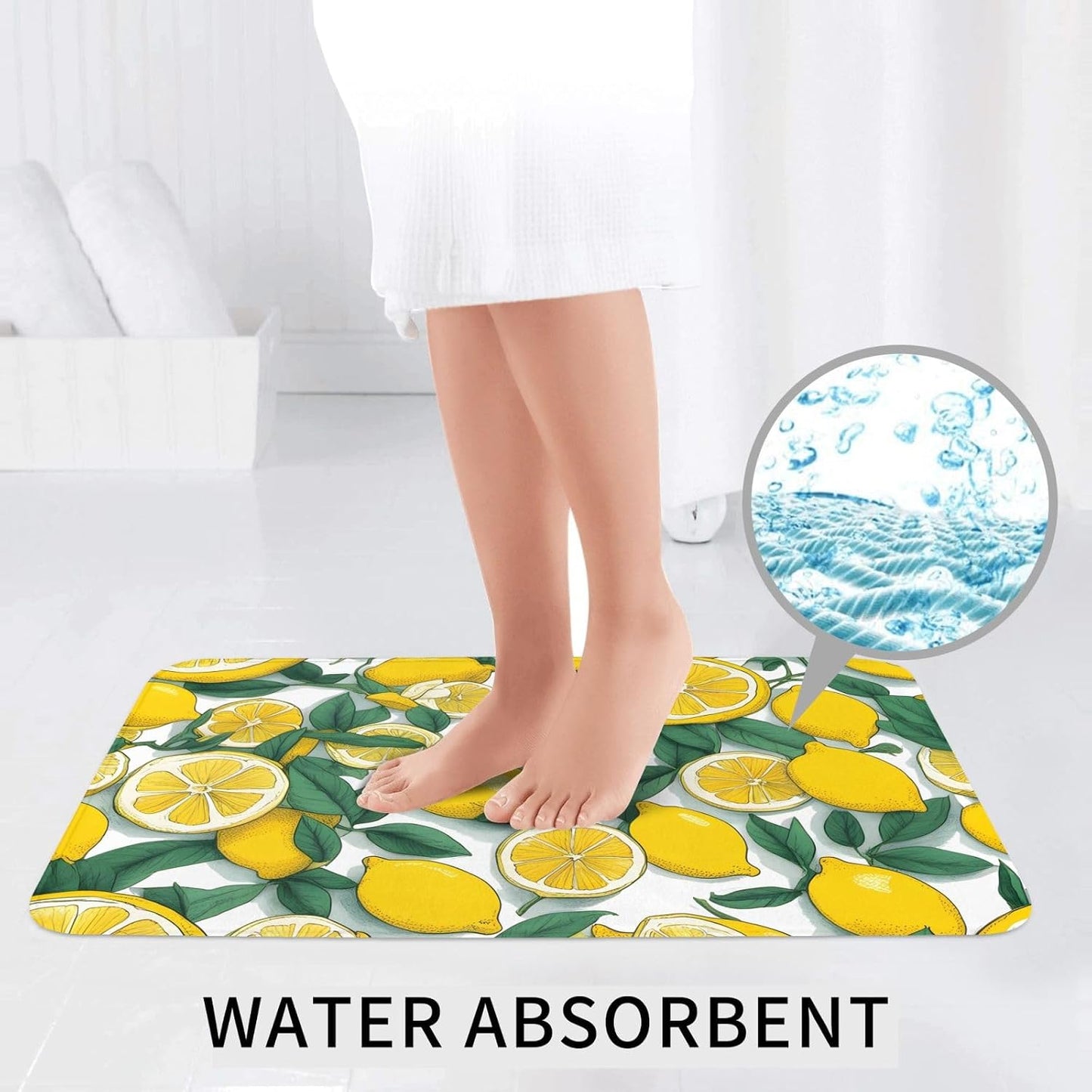 Yellow Lemon Printed Anti-Slip Bathroom Rugs Set - 3-Piece Contour, Oval & Rectangular Mats for Toilet, Vanity & Restrooms
