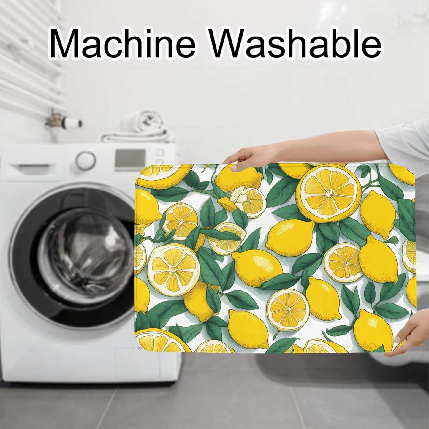 Yellow Lemon Printed Anti-Slip Bathroom Rugs Set - 3-Piece Contour, Oval & Rectangular Mats for Toilet, Vanity & Restrooms