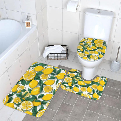 Yellow Lemon Printed Anti-Slip Bathroom Rugs Set - 3-Piece Contour, Oval & Rectangular Mats for Toilet, Vanity & Restrooms